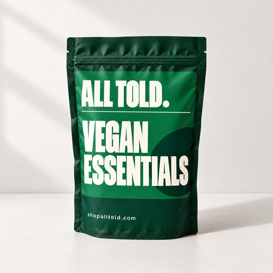 Vegan Essentials in ALL TOLD packaging