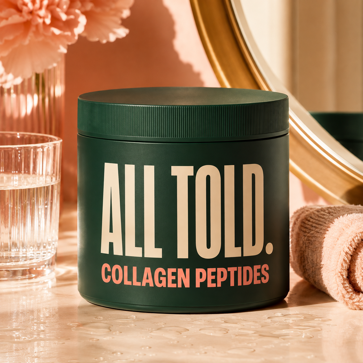 Collagen Peptides with water, a mirror and a towel for skin hydration and elasticity