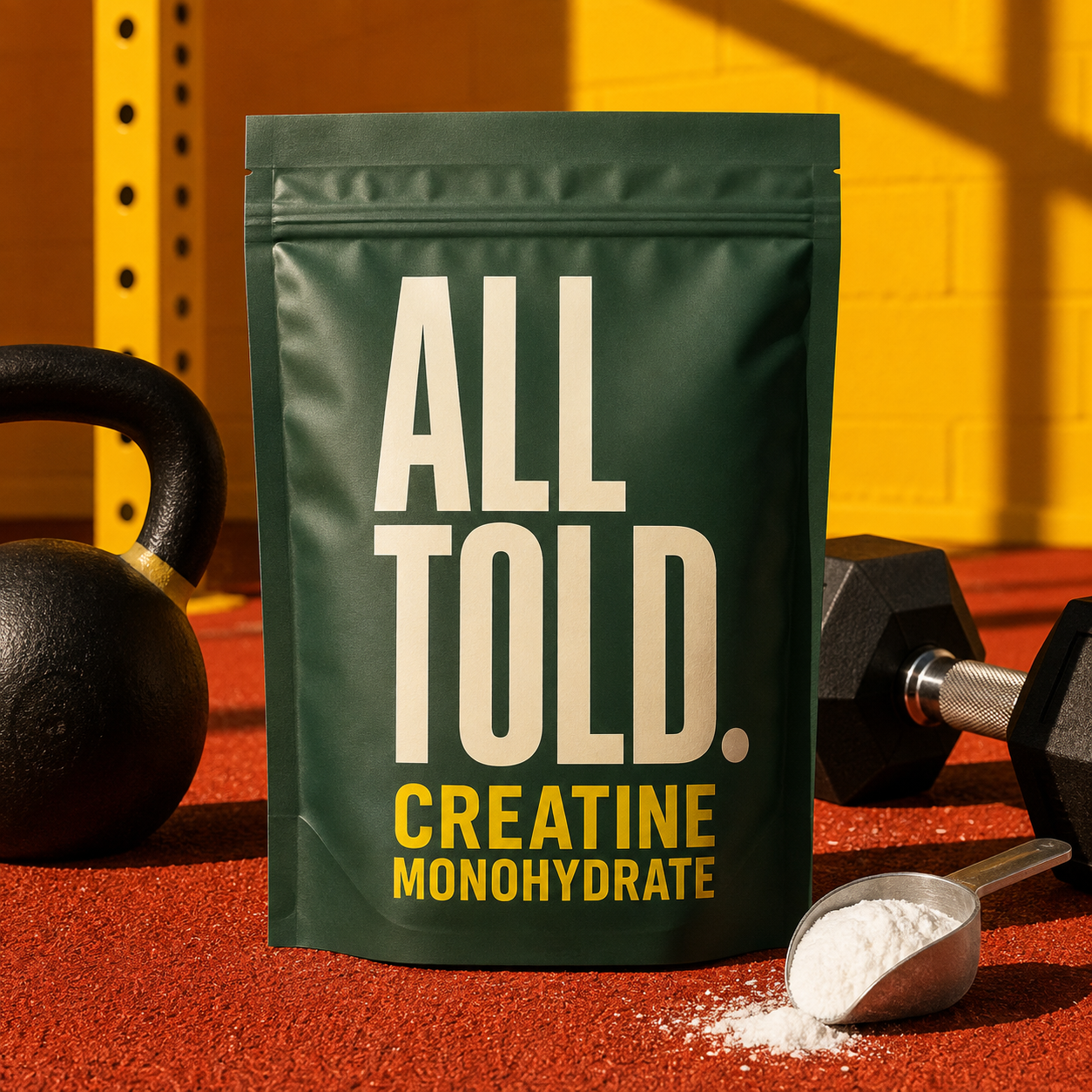 Creatine Monohydrate with a kettlebell and dumbbell for strength and training
