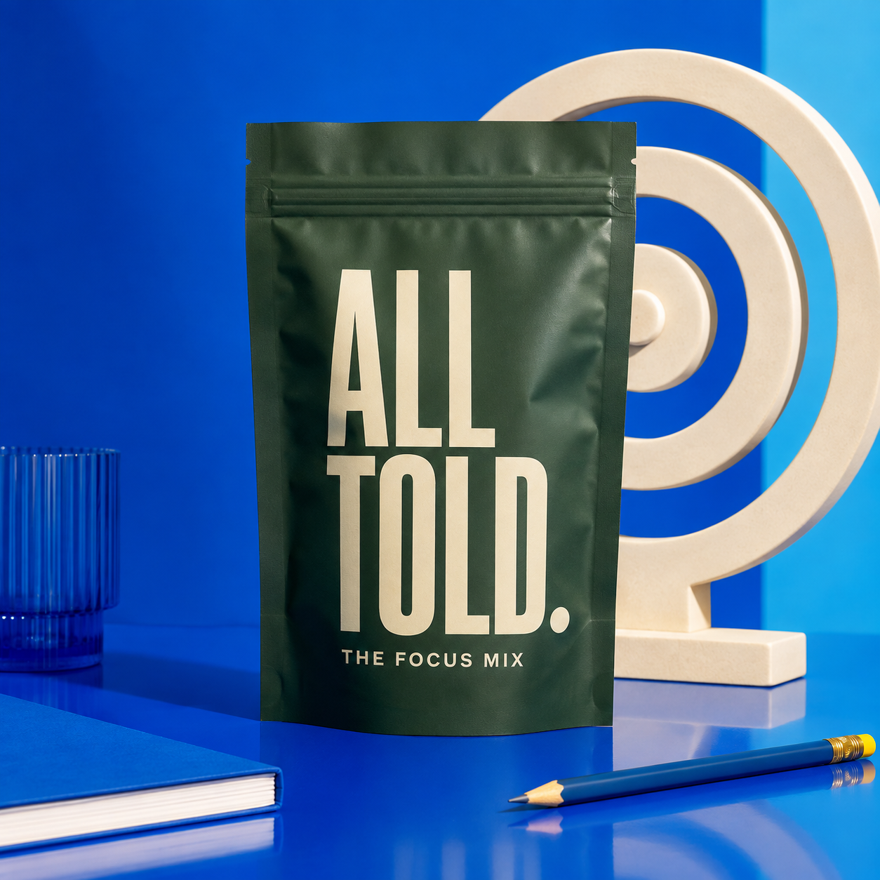 The Focus Mix with a target, notebook and pencil for concentration