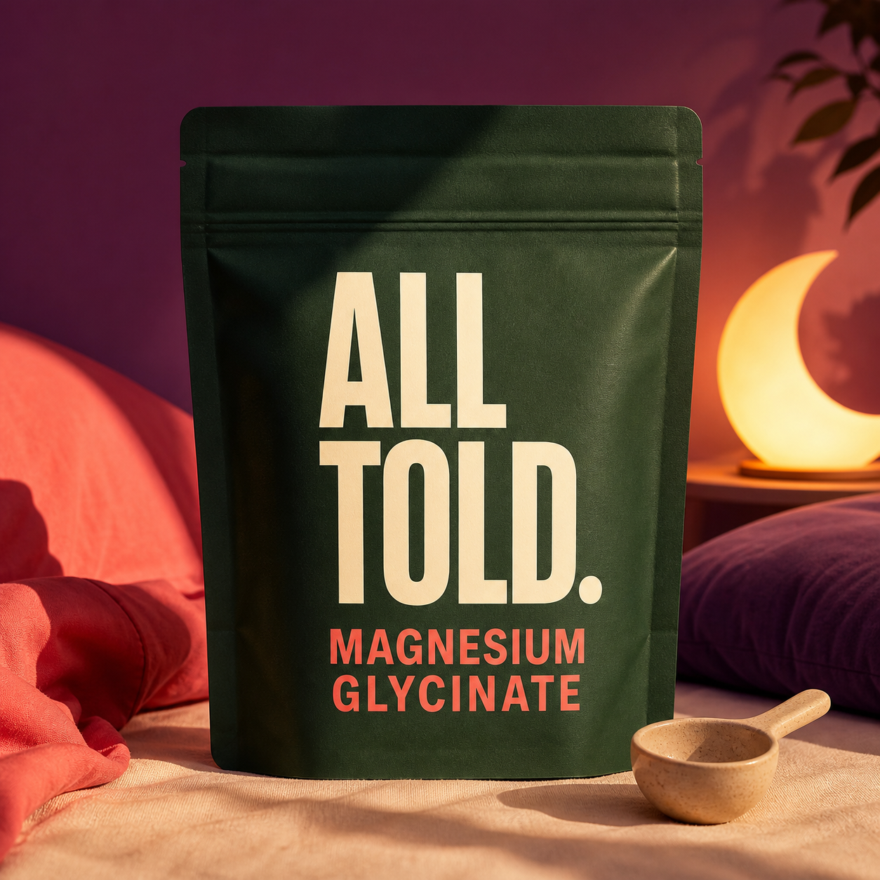 Magnesium Glycinate beside a glowing moon and soft bedding for evening recovery