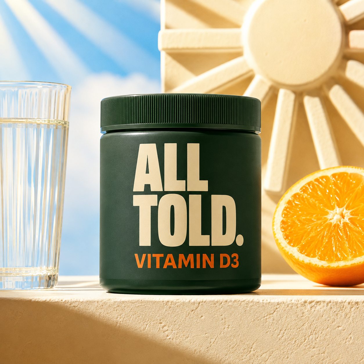 Vitamin D3 in bright sunlight with a sun shape for daily immune, bone and muscle support