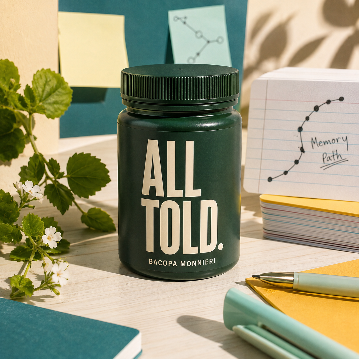BACOPA MONNIERI — ALL TOLD supplement packaging shown in a purpose-led setting