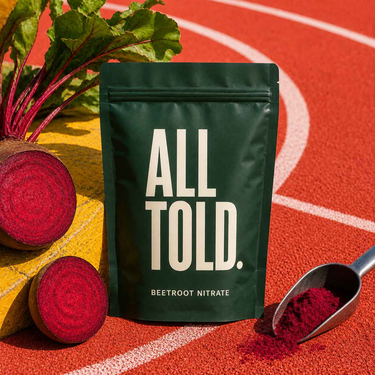 Beetroot Nitrate — ALL TOLD supplement packaging shown in a purpose-led setting