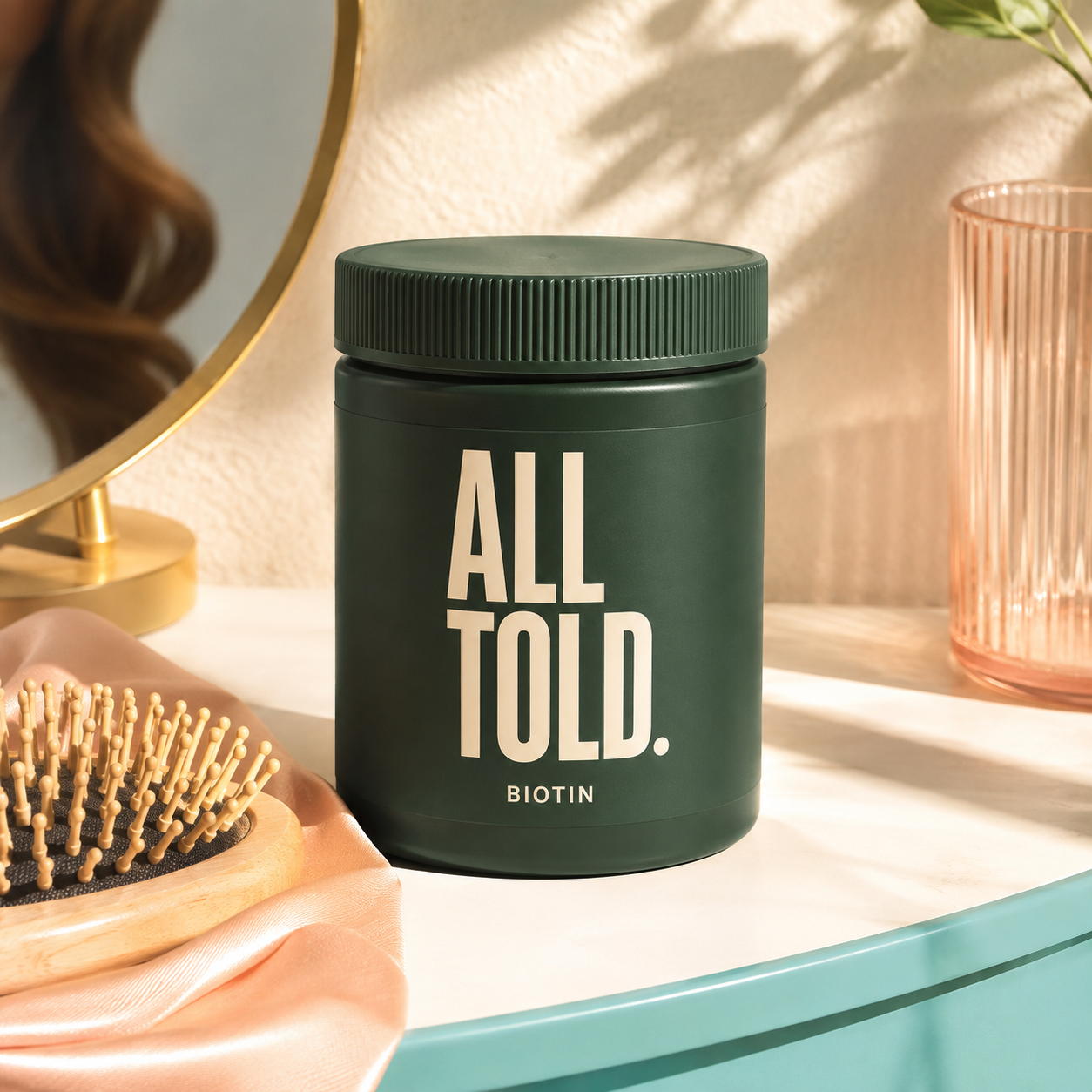 BIOTIN — ALL TOLD supplement packaging shown in a purpose-led setting