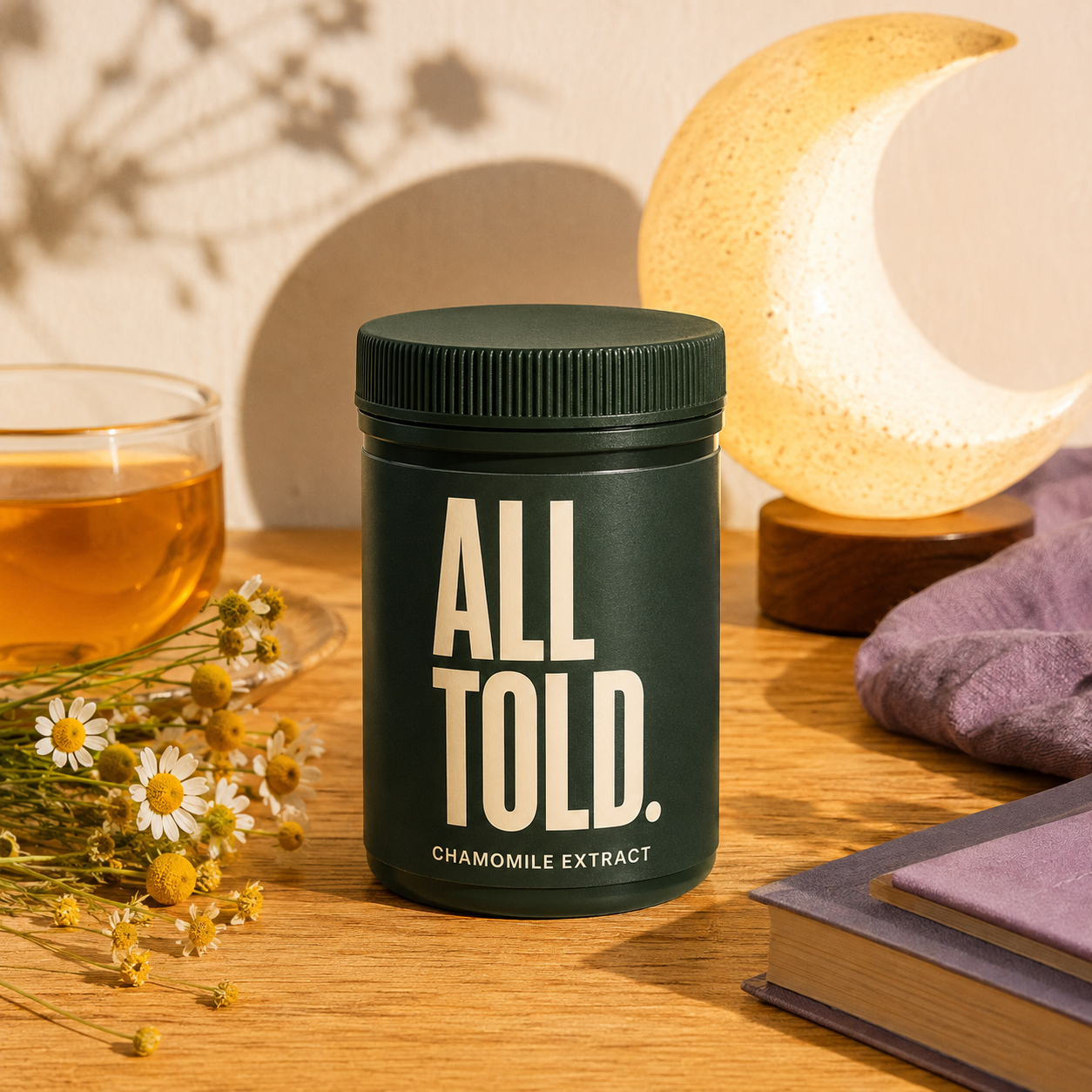 CHAMOMILE EXTRACT — ALL TOLD supplement packaging shown in a purpose-led setting