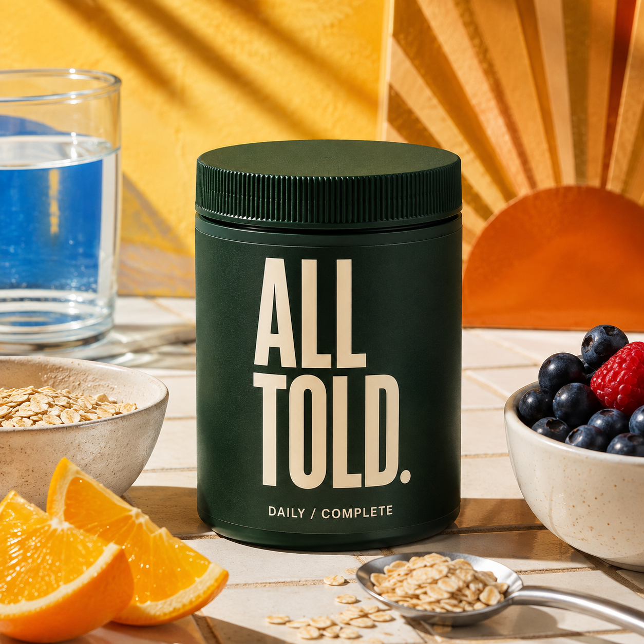 DAILY / COMPLETE — ALL TOLD supplement packaging shown in a purpose-led setting