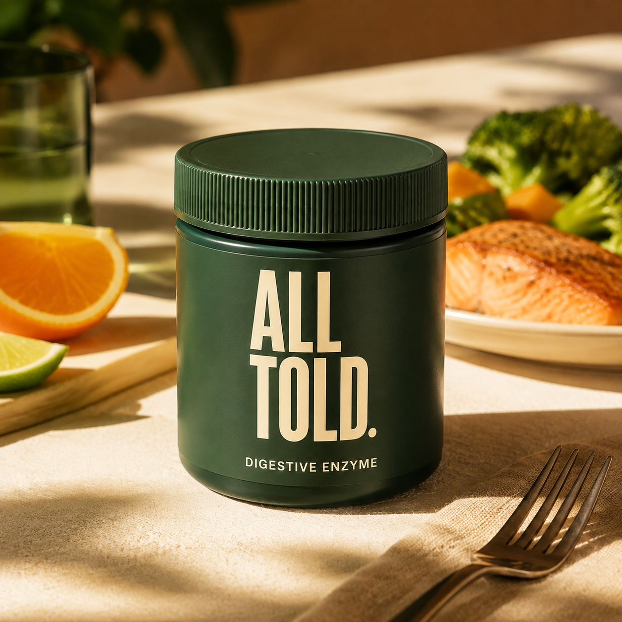 DIGESTIVE ENZYME — ALL TOLD supplement packaging shown in a purpose-led setting