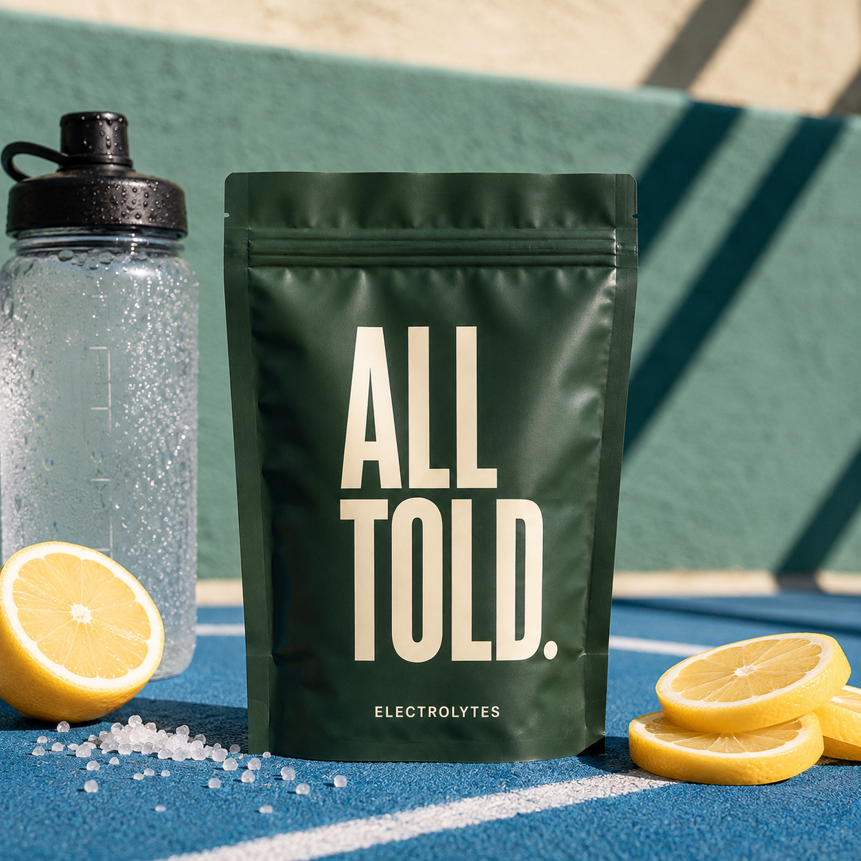 ELECTROLYTES — ALL TOLD supplement packaging shown in a purpose-led setting