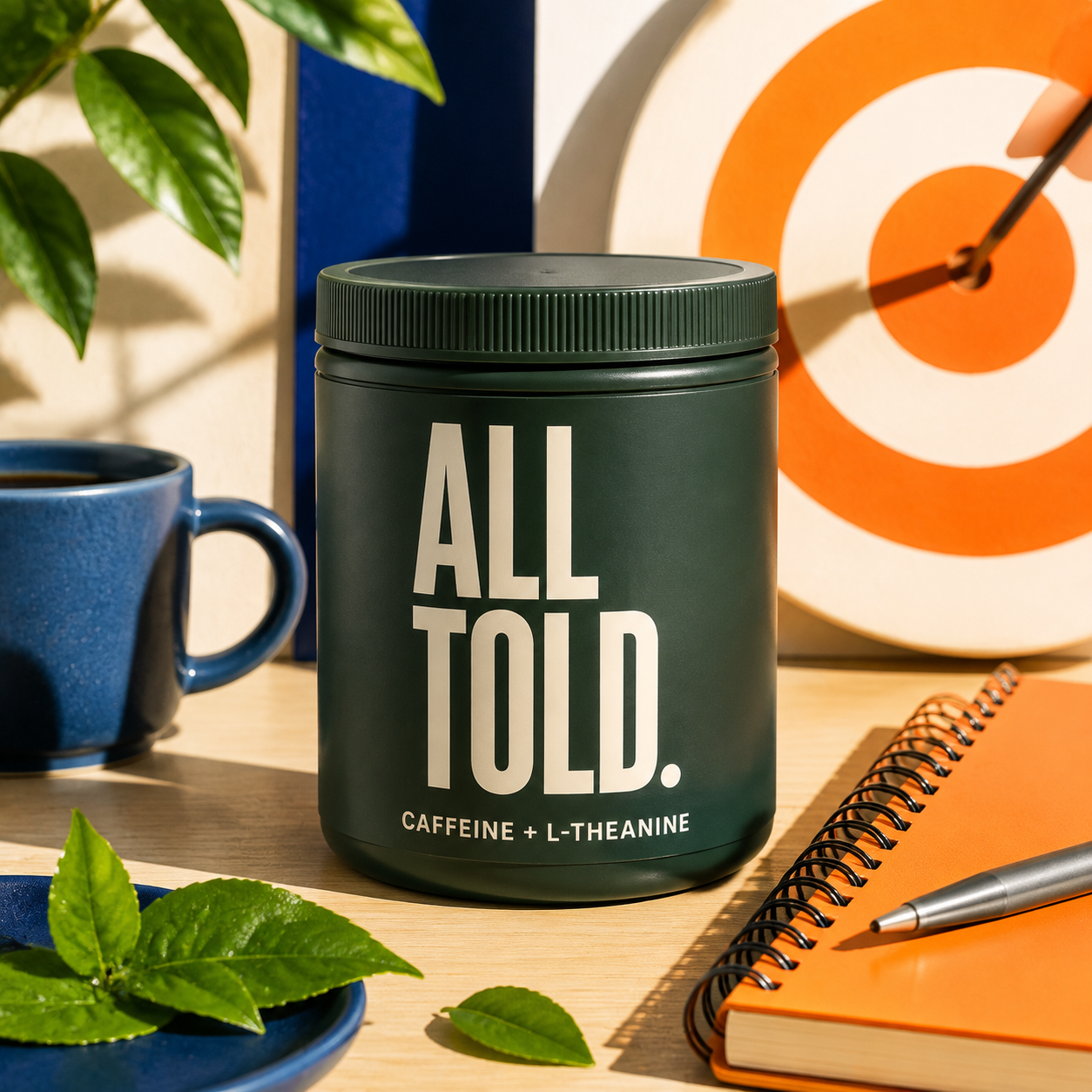CAFFEINE + L-THEANINE — ALL TOLD supplement packaging shown in a purpose-led setting