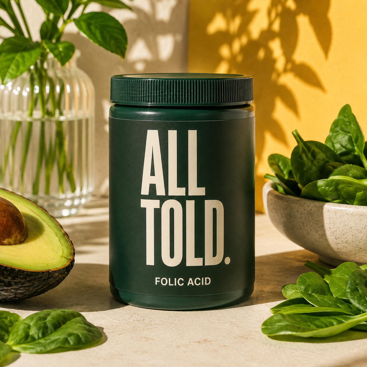 FOLIC ACID — ALL TOLD supplement packaging shown in a purpose-led setting