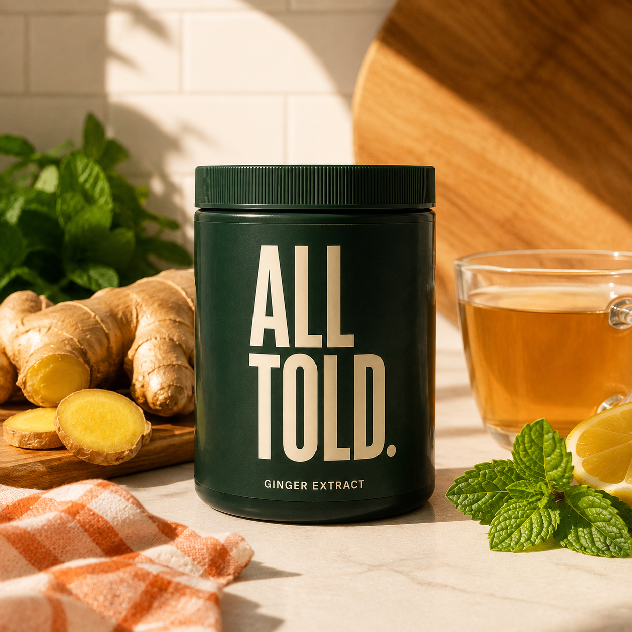 GINGER EXTRACT — ALL TOLD supplement packaging shown in a purpose-led setting