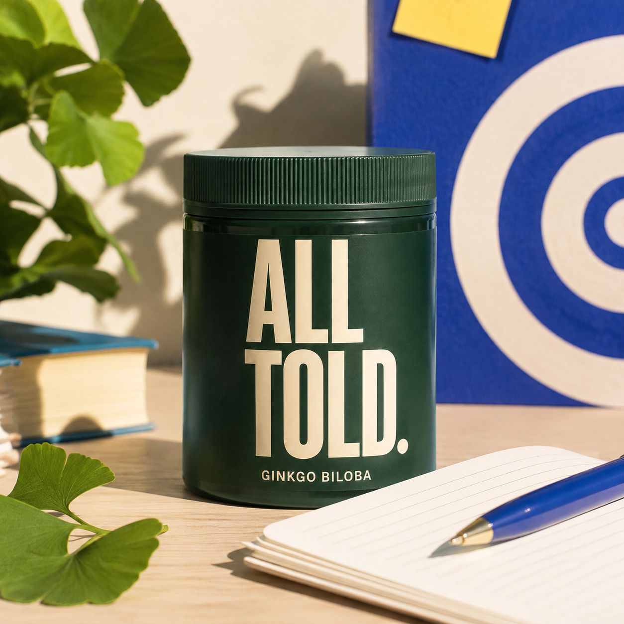 GINKGO BILOBA — ALL TOLD supplement packaging shown in a purpose-led setting