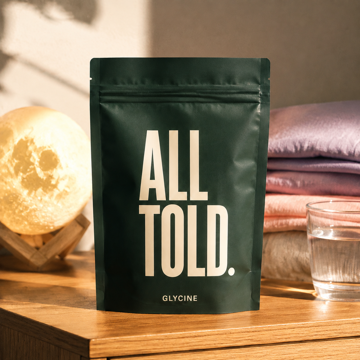 GLYCINE — ALL TOLD supplement packaging shown in a purpose-led setting