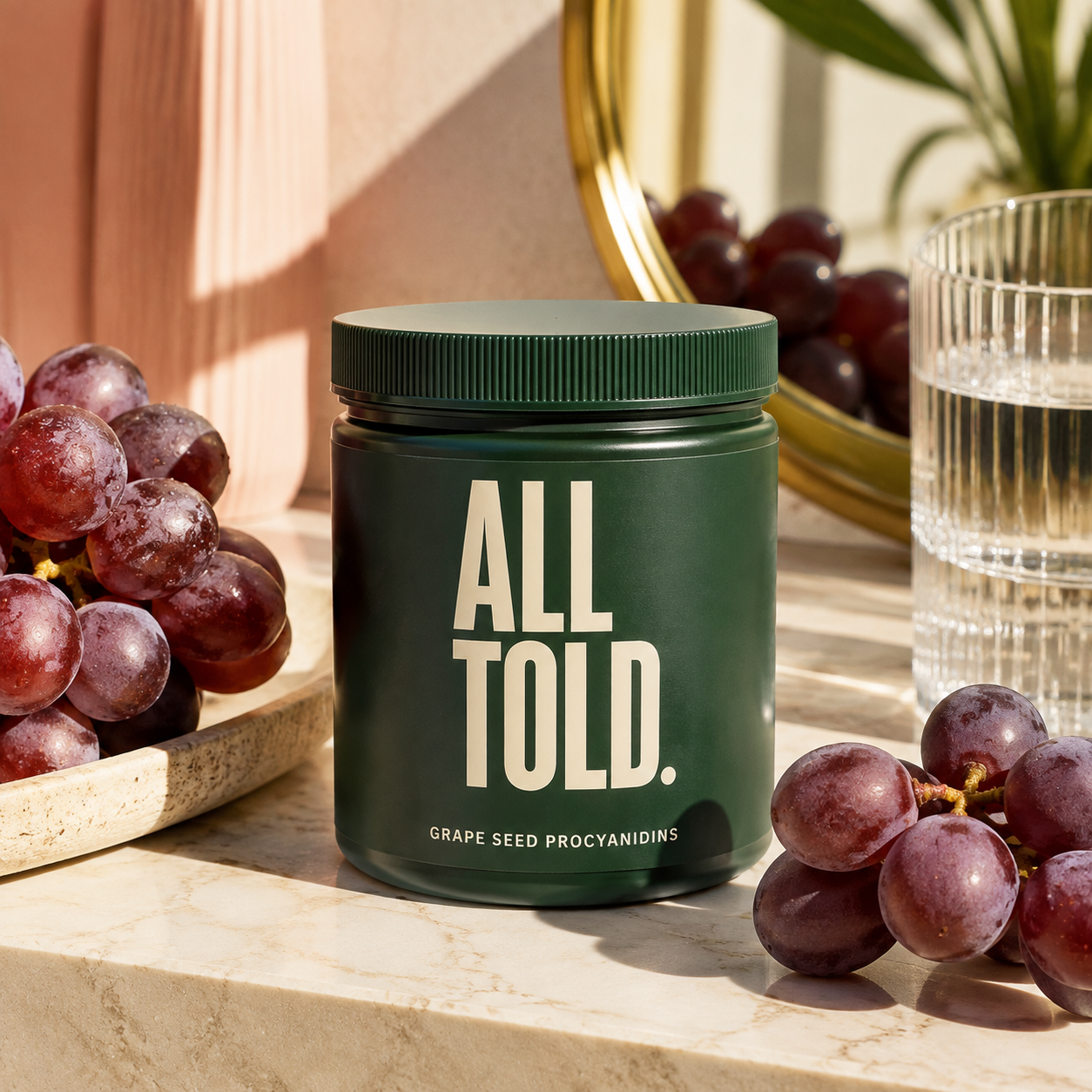 GRAPE SEED PROCYANIDINS — ALL TOLD supplement packaging shown in a purpose-led setting