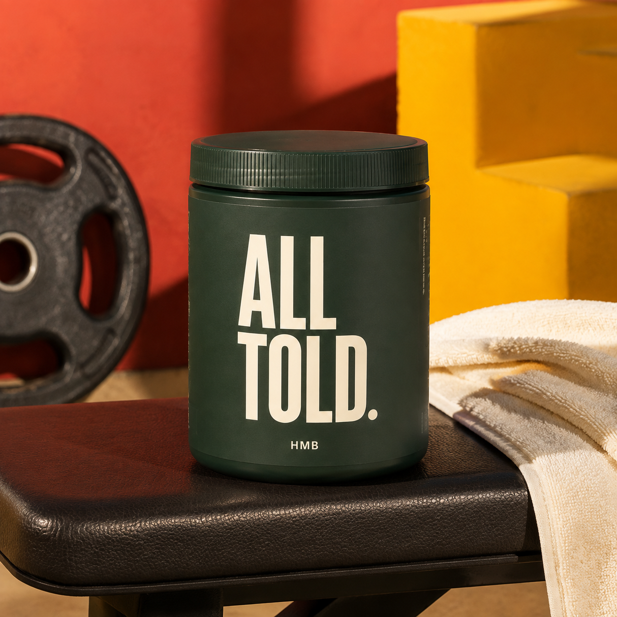 HMB — ALL TOLD supplement packaging shown in a purpose-led setting