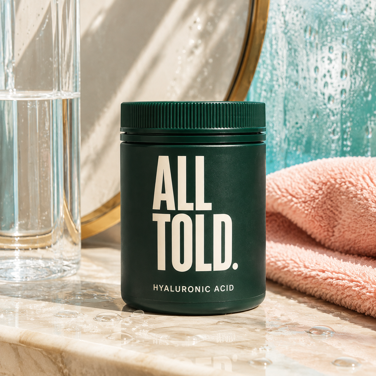 HYALURONIC ACID — ALL TOLD supplement packaging shown in a purpose-led setting