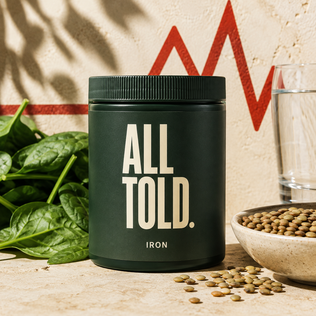IRON — ALL TOLD supplement packaging shown in a purpose-led setting