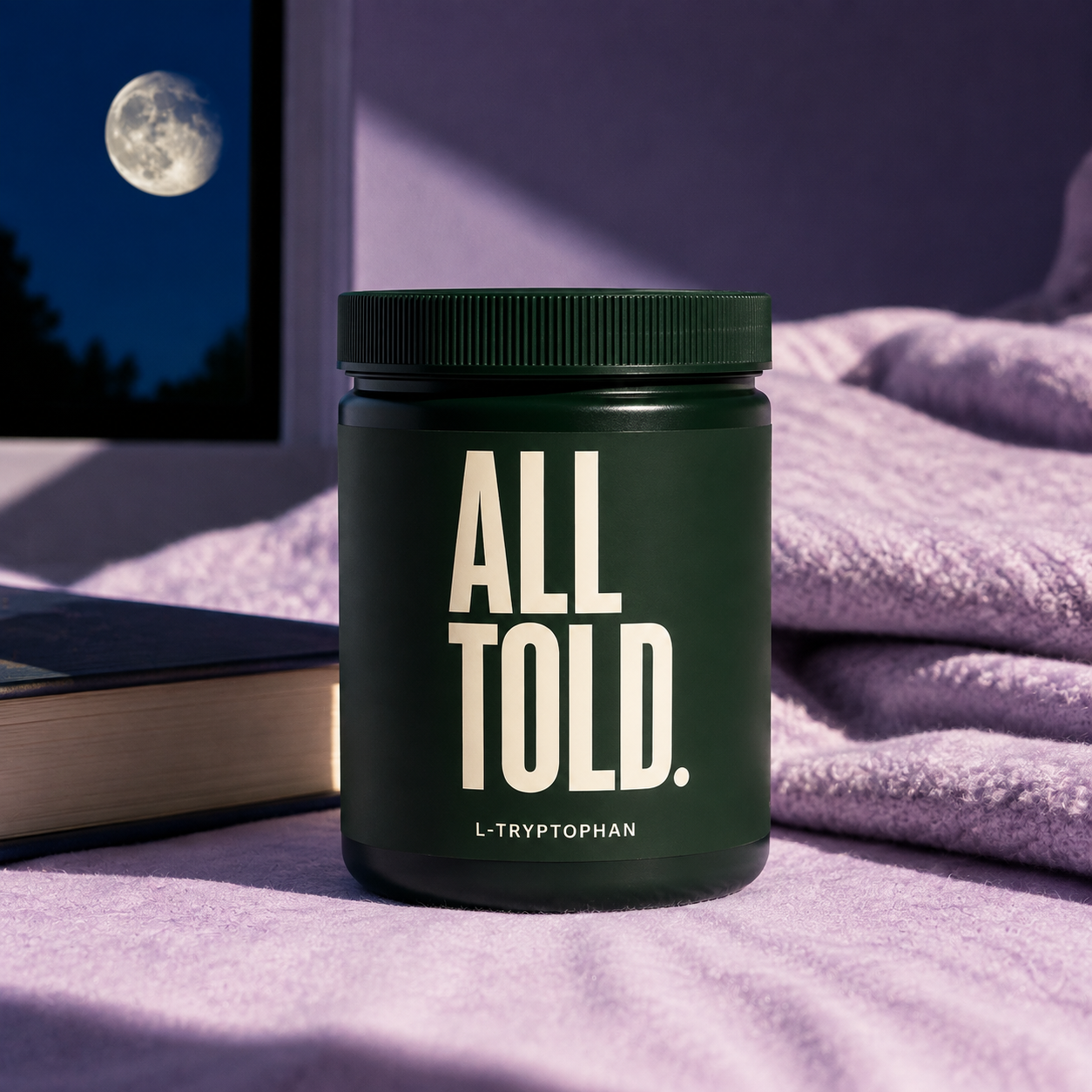 L-TRYPTOPHAN — ALL TOLD supplement packaging shown in a purpose-led setting