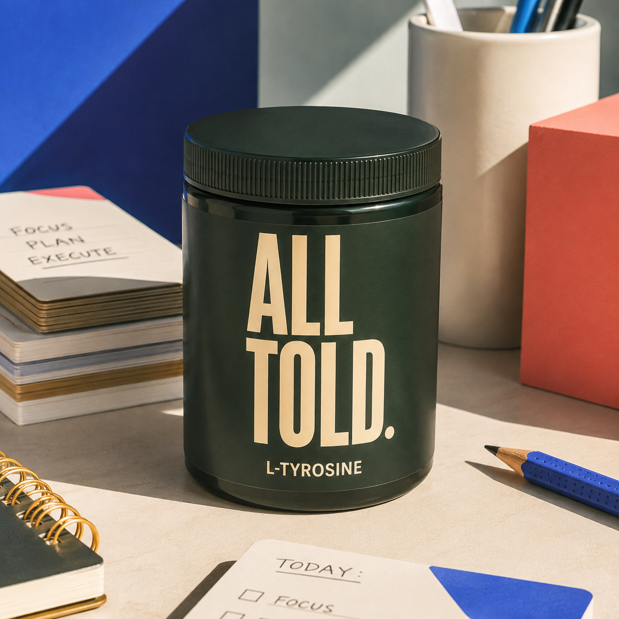 L-TYROSINE — ALL TOLD supplement packaging shown in a purpose-led setting
