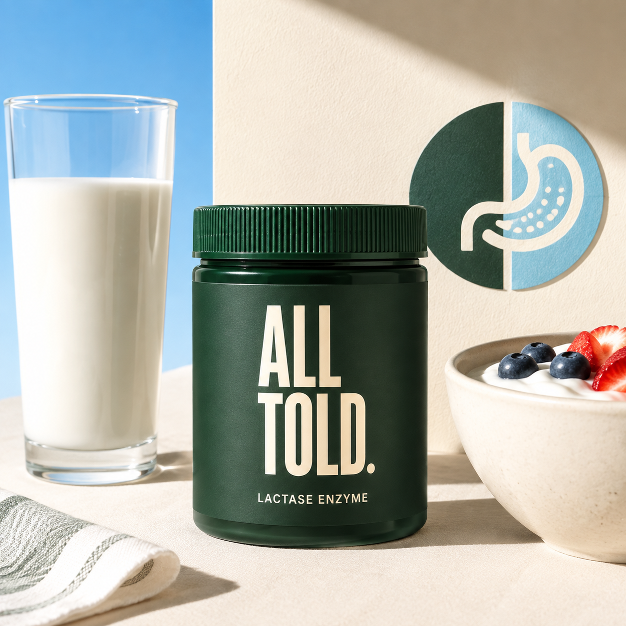 LACTASE ENZYME — ALL TOLD supplement packaging shown in a purpose-led setting