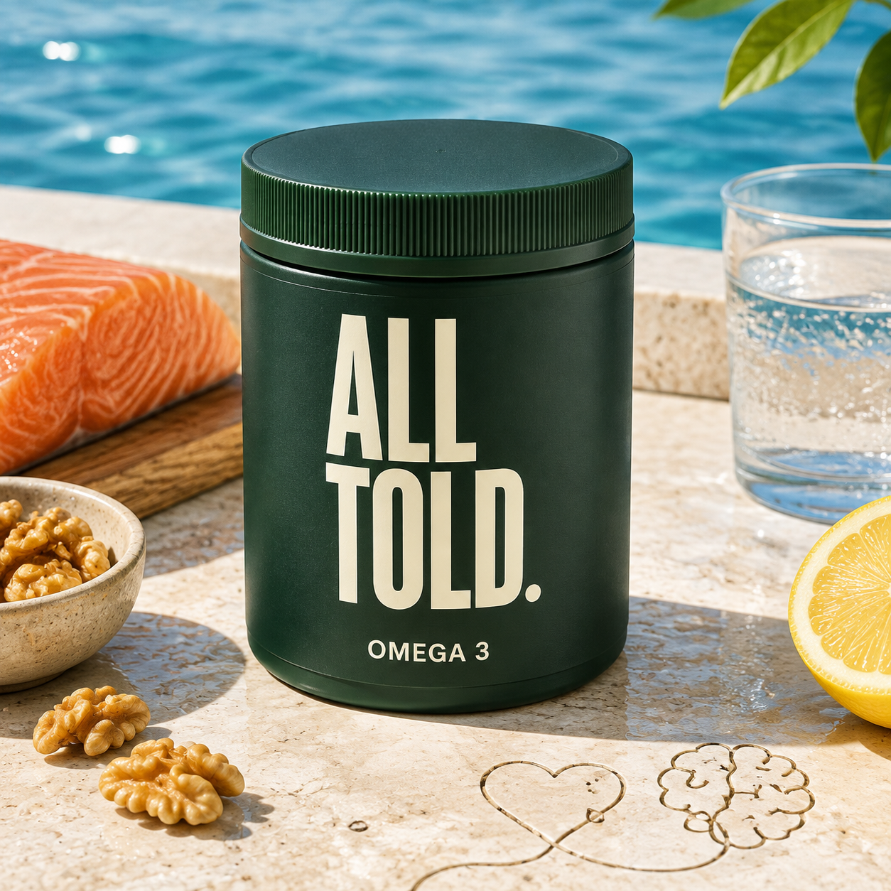 OMEGA 3 — ALL TOLD supplement packaging shown in a purpose-led setting