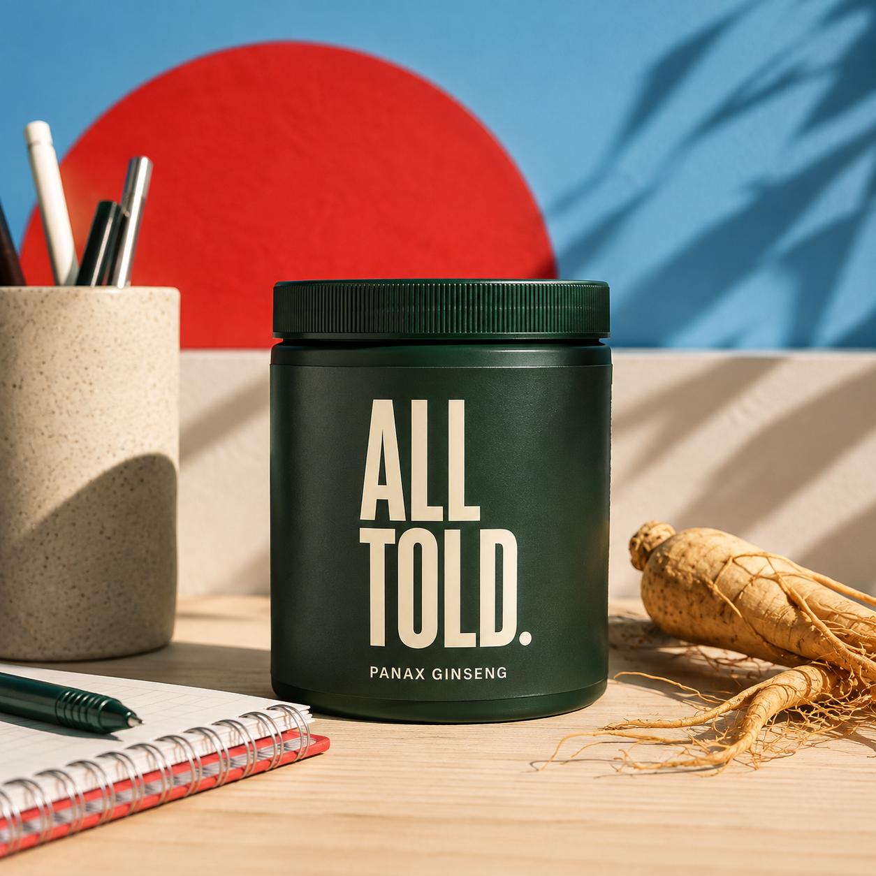 PANAX GINSENG — ALL TOLD supplement packaging shown in a purpose-led setting