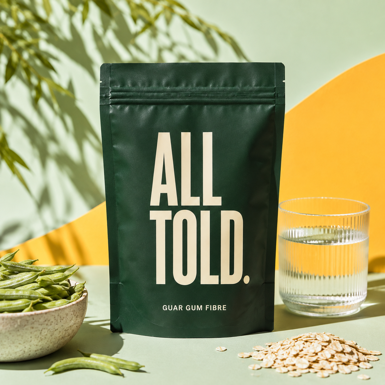 PARTIALLY HYDROLYSED GUAR GUM — ALL TOLD supplement packaging shown in a purpose-led setting