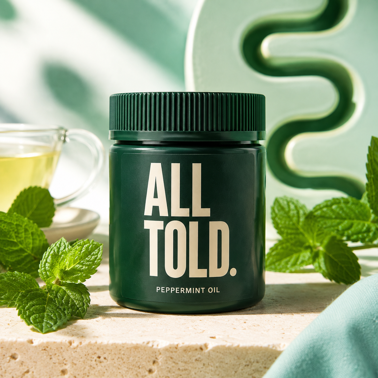 PEPPERMINT OIL — ALL TOLD supplement packaging shown in a purpose-led setting