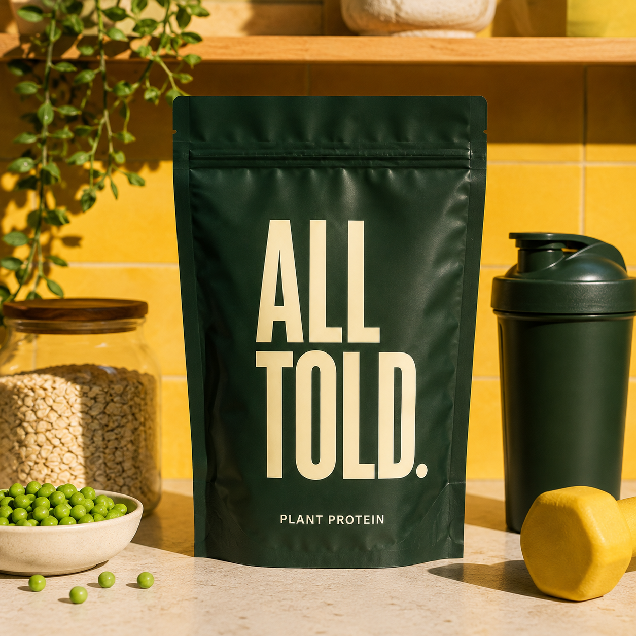 PLANT PROTEIN — ALL TOLD supplement packaging shown in a purpose-led setting