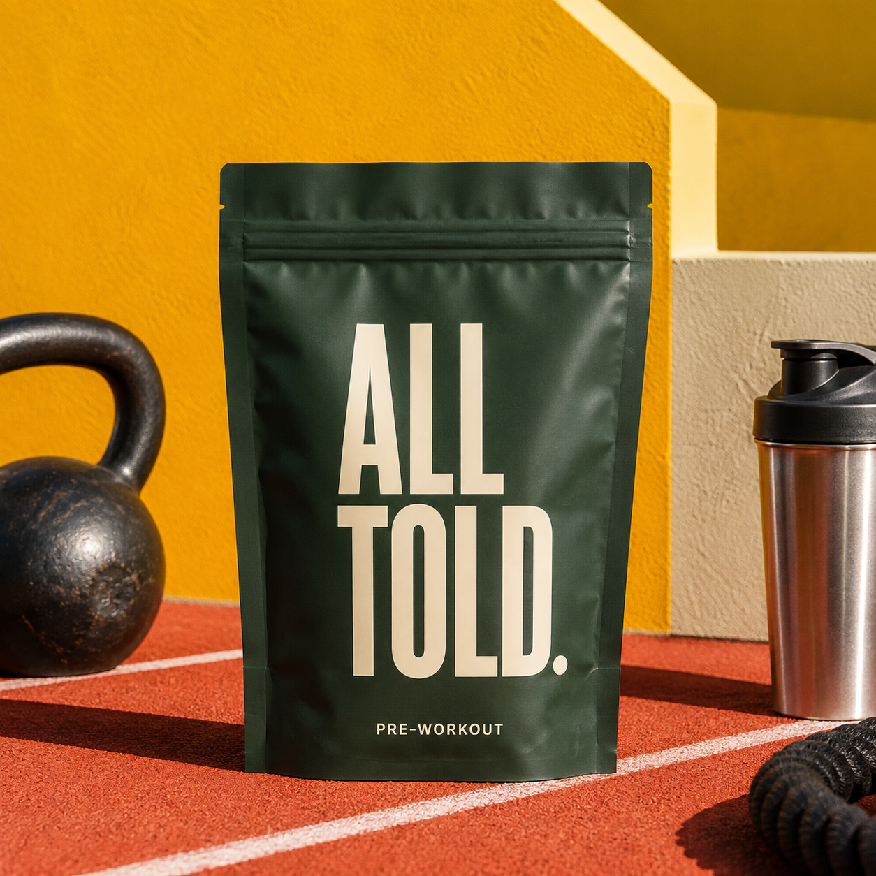 PRE-WORKOUT — ALL TOLD supplement packaging shown in a purpose-led setting