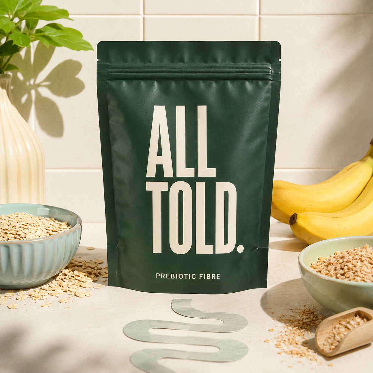 PREBIOTIC FIBRE — ALL TOLD supplement packaging shown in a purpose-led setting