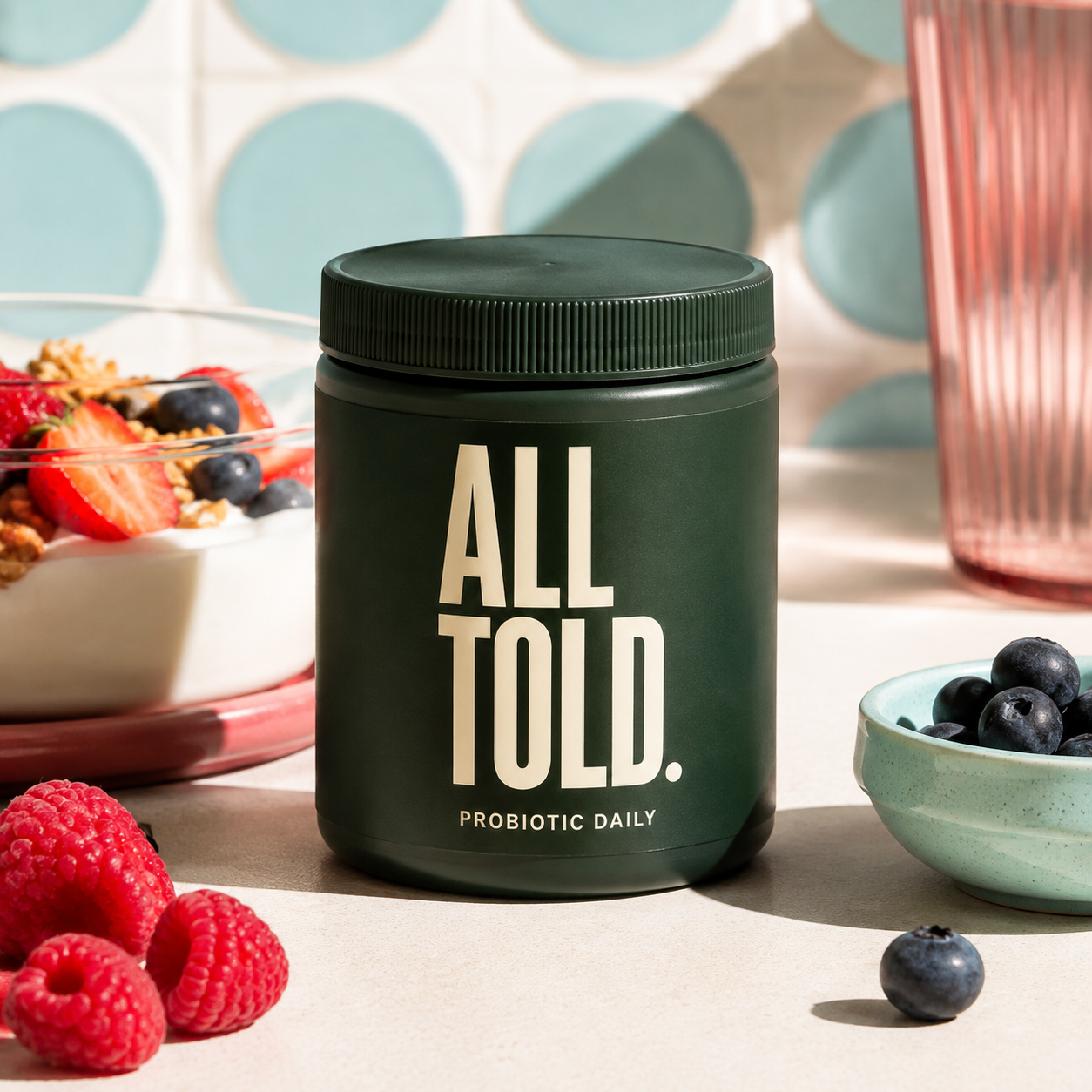 PROBIOTIC DAILY — ALL TOLD supplement packaging shown in a purpose-led setting