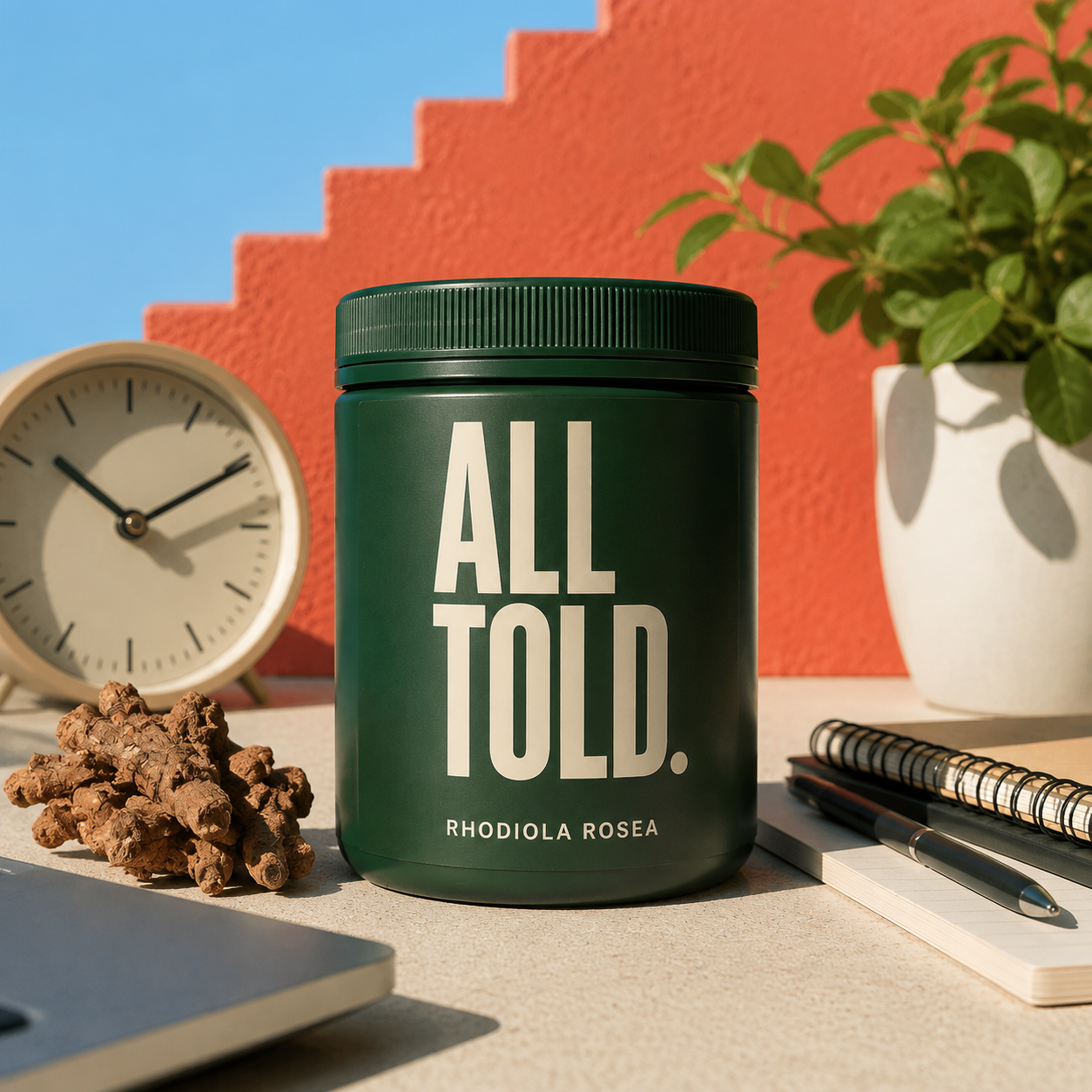 RHODIOLA ROSEA — ALL TOLD supplement packaging shown in a purpose-led setting