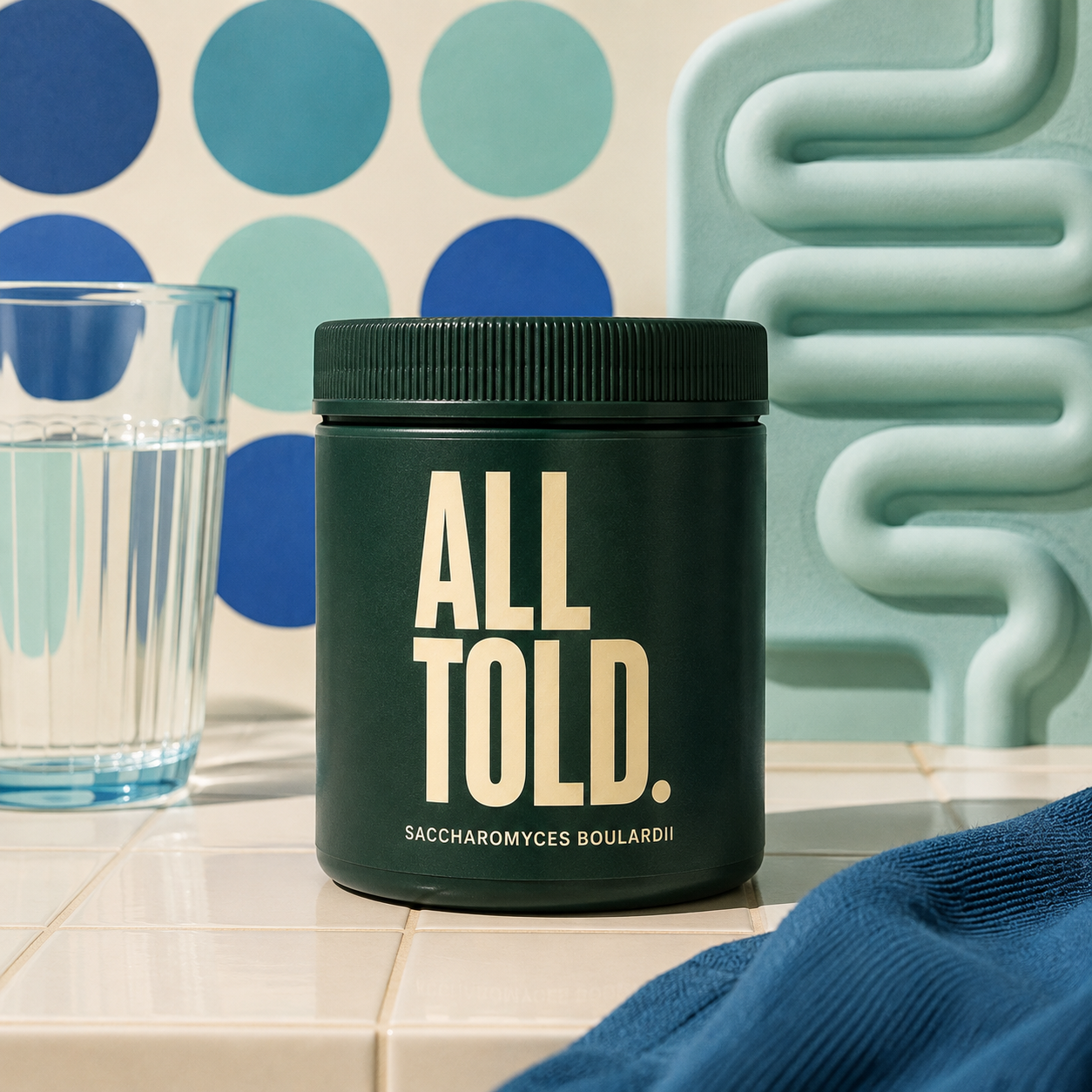 SACCHAROMYCES BOULARDII — ALL TOLD supplement packaging shown in a purpose-led setting