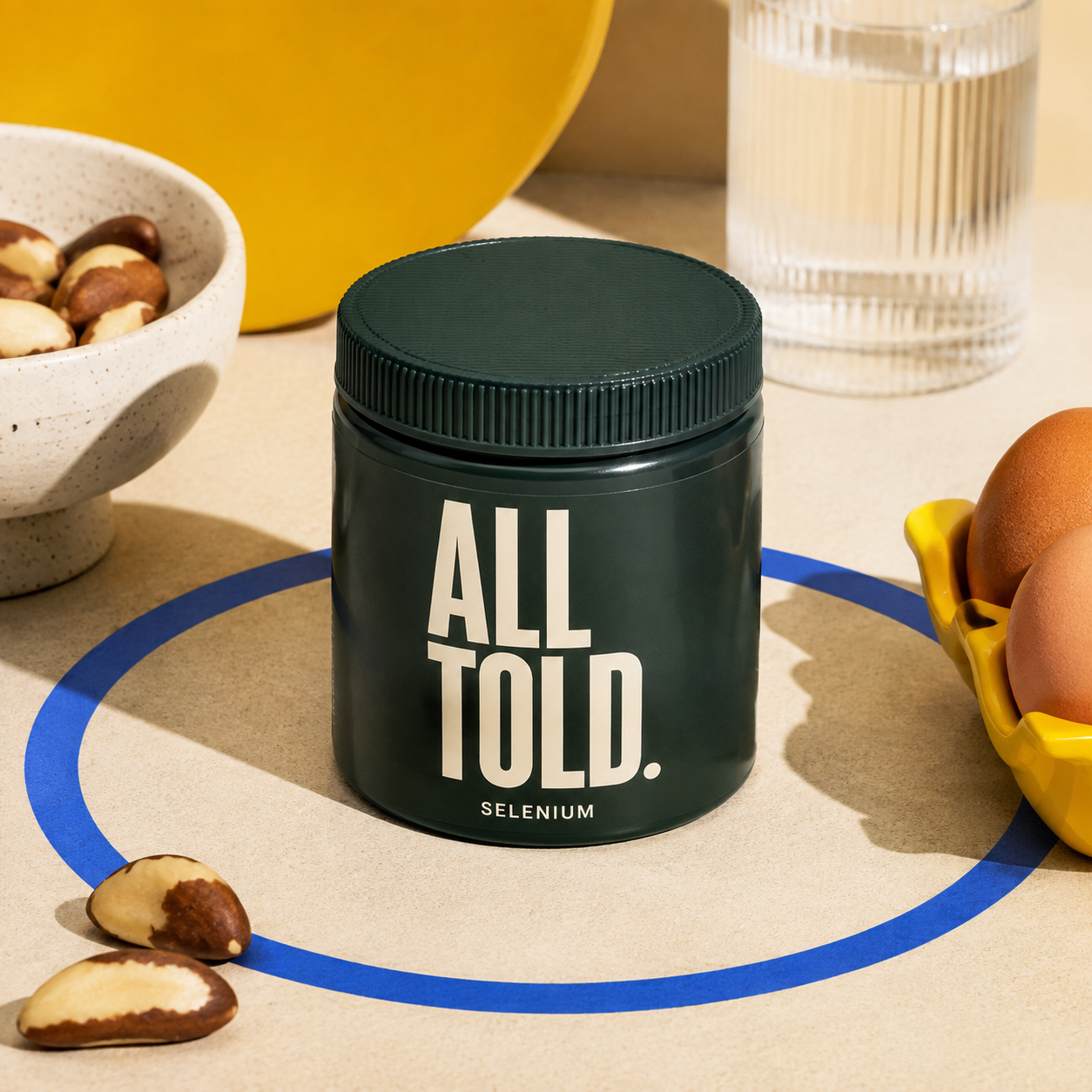 SELENIUM — ALL TOLD supplement packaging shown in a purpose-led setting