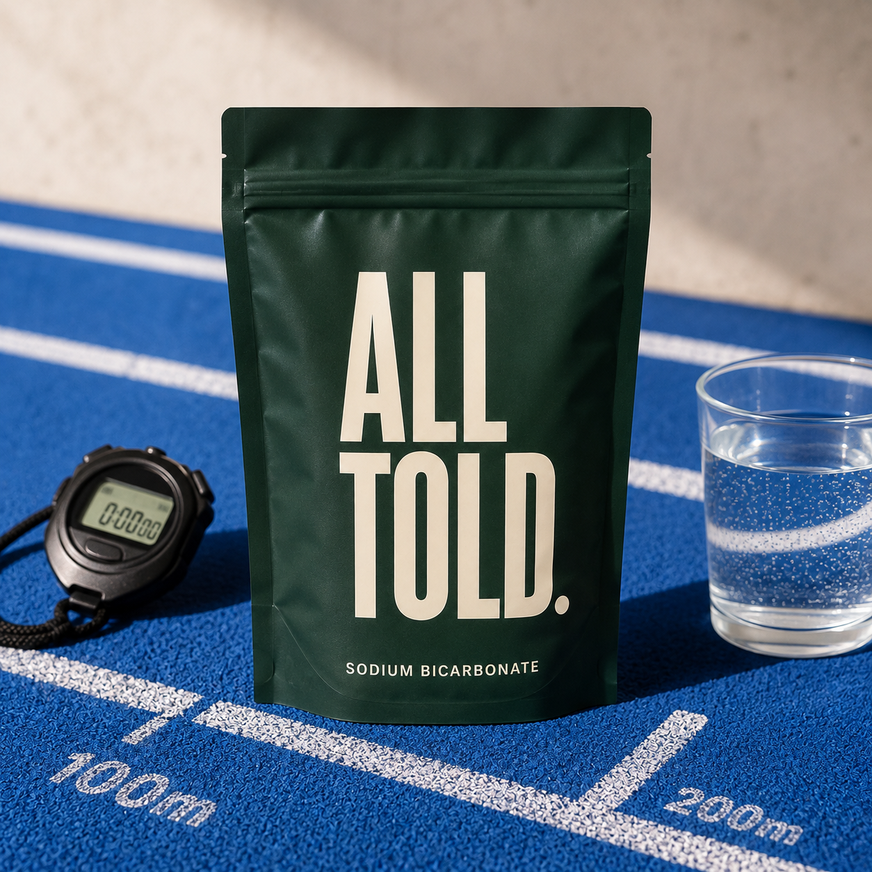 SODIUM BICARBONATE — ALL TOLD supplement packaging shown in a purpose-led setting