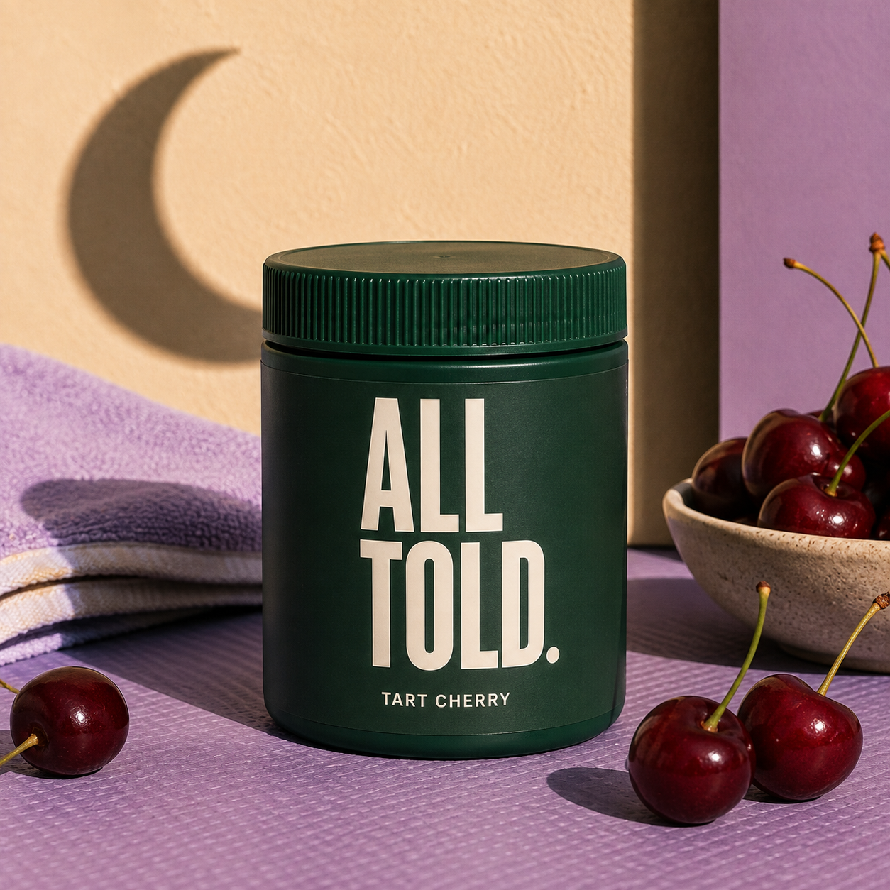 TART CHERRY — ALL TOLD supplement packaging shown in a purpose-led setting