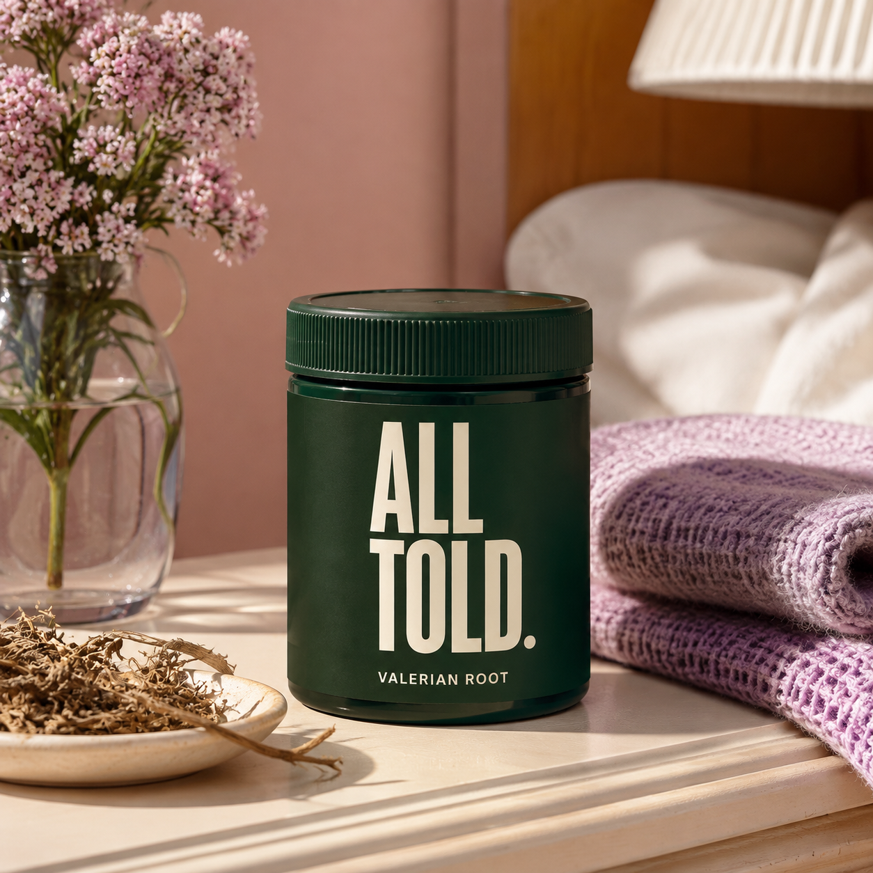 VALERIAN ROOT — ALL TOLD supplement packaging shown in a purpose-led setting