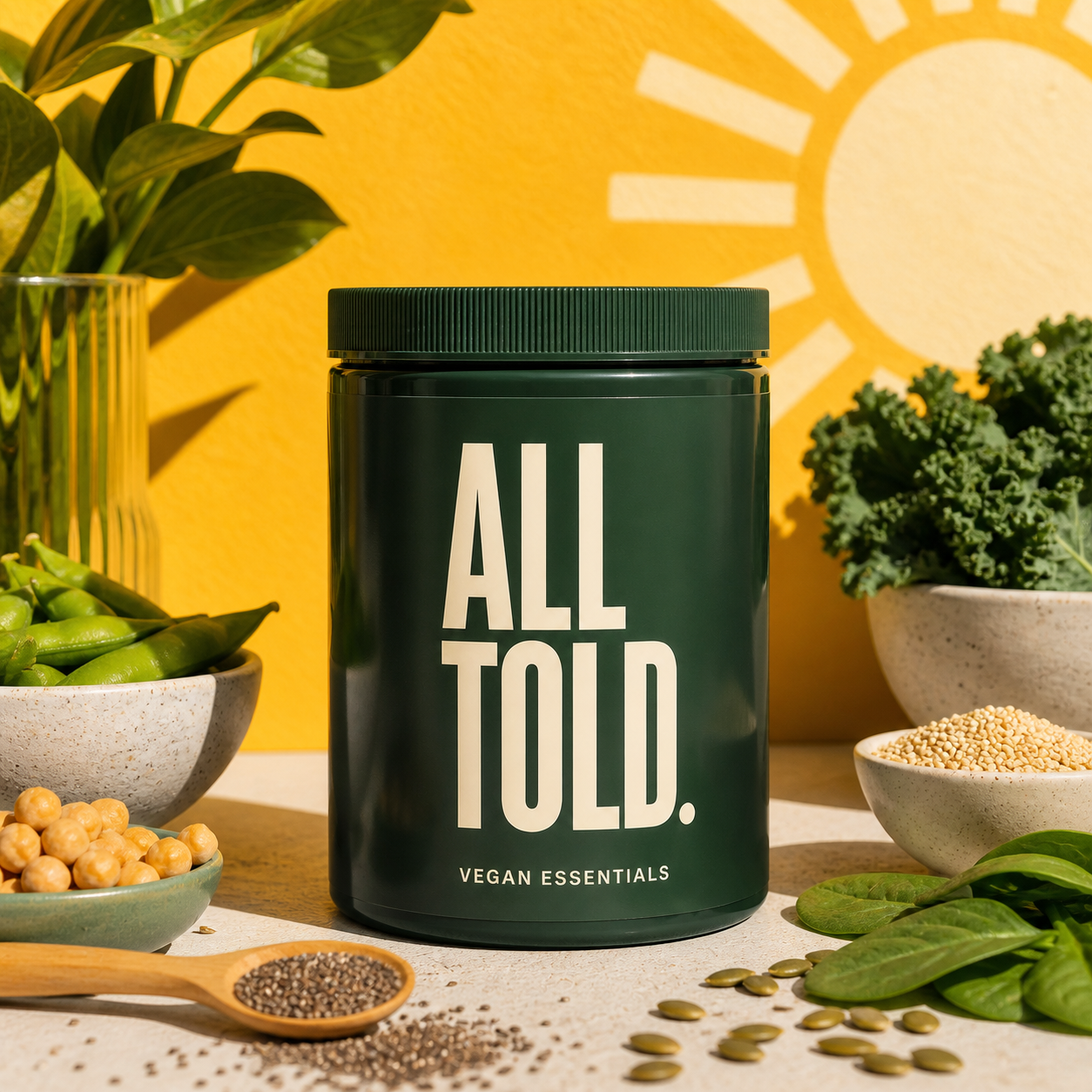 VEGAN ESSENTIALS — ALL TOLD supplement packaging shown in a purpose-led setting