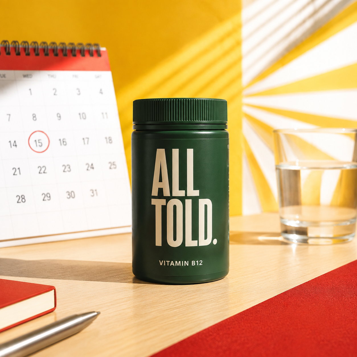 VITAMIN B12 — ALL TOLD supplement packaging shown in a purpose-led setting