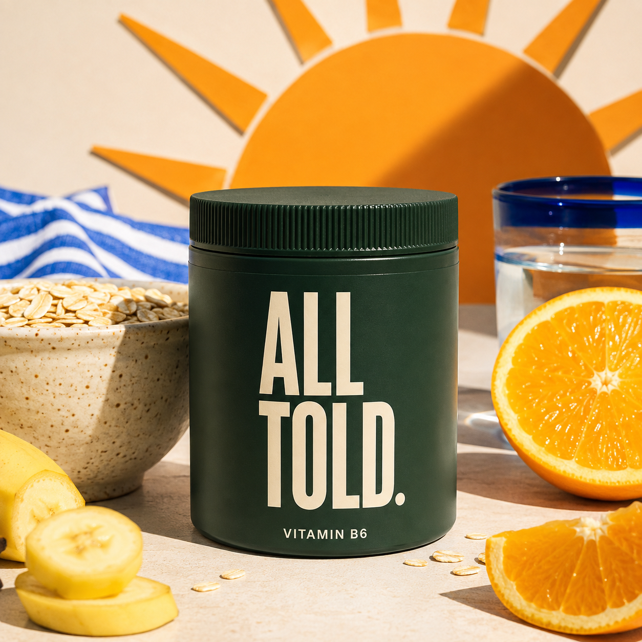 VITAMIN B6 — ALL TOLD supplement packaging shown in a purpose-led setting