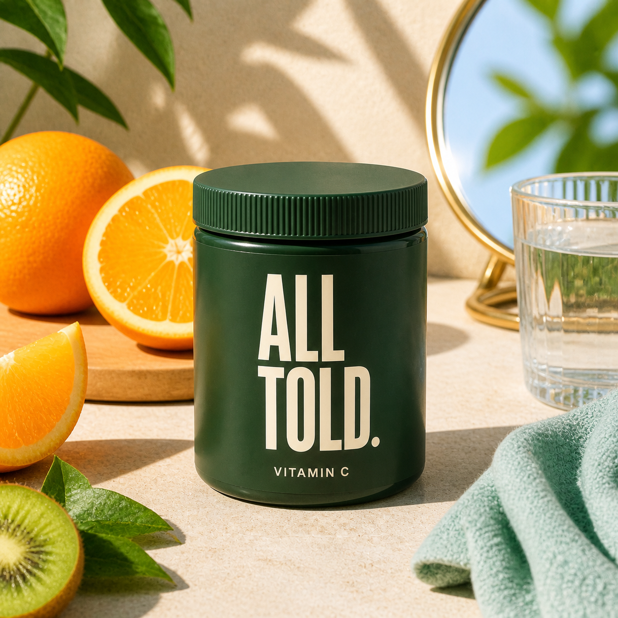 VITAMIN C — ALL TOLD supplement packaging shown in a purpose-led setting