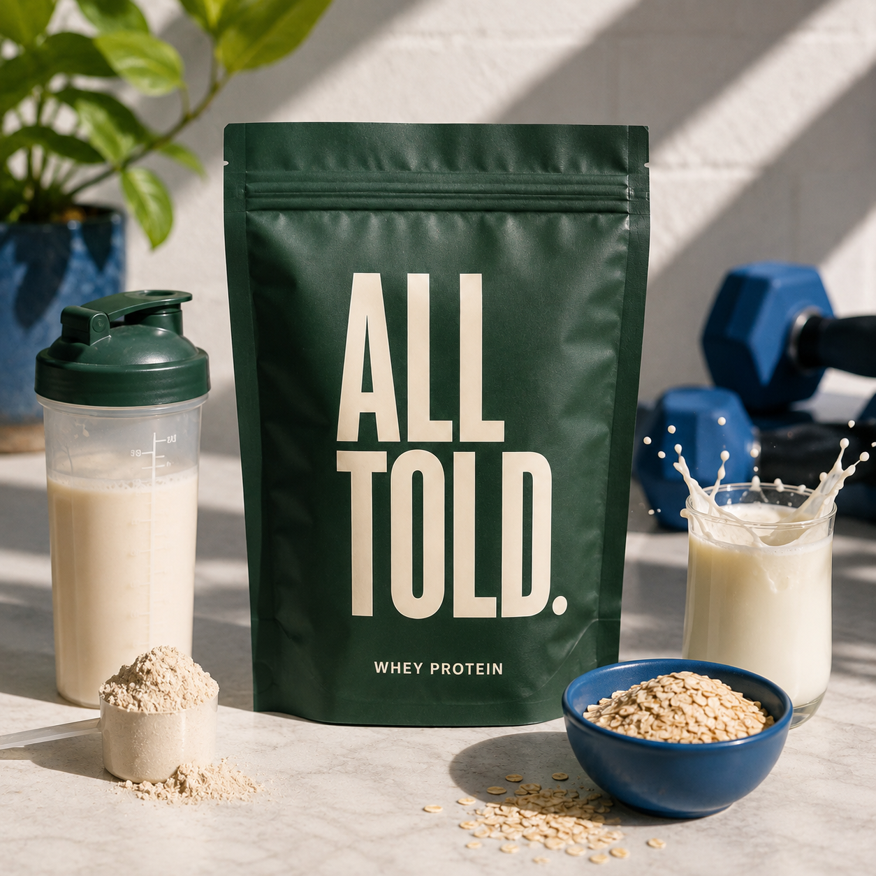 WHEY PROTEIN — ALL TOLD supplement packaging shown in a purpose-led setting