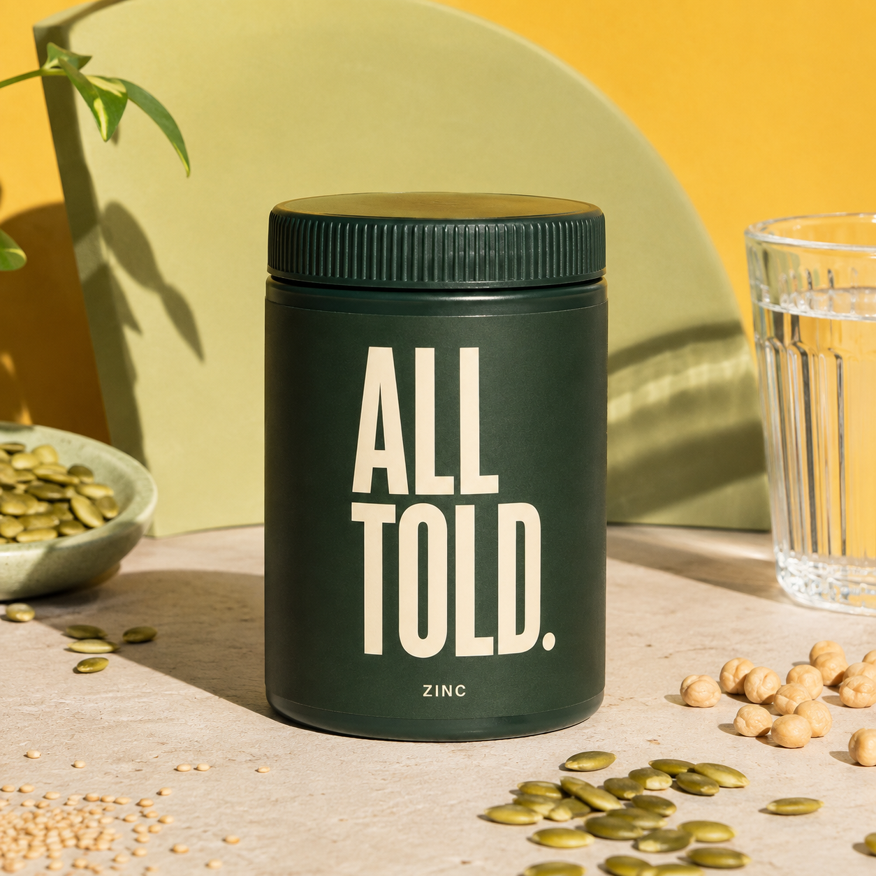 ZINC — ALL TOLD supplement packaging shown in a purpose-led setting